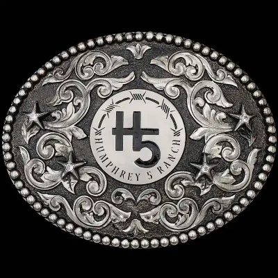 A custom oval antiqued ranch brand belt buckle for Humphrey 5 Ranch featuring its custom logo 